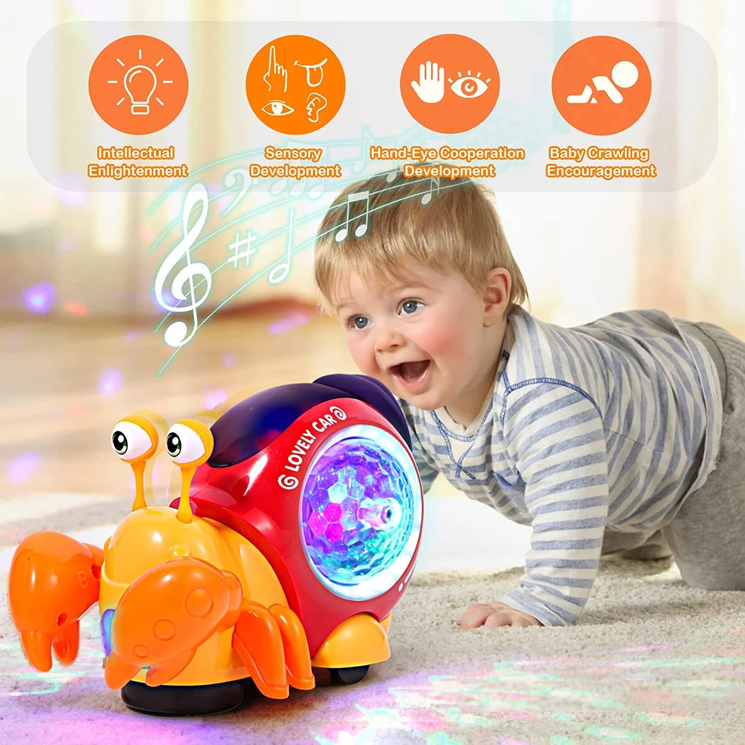 Luminous Crab Toy,Electric Crab Toy Tummy Time Crawling Crab Toys Musical Toys with Light-Up Music, Musical Crawling Snail Toys Interactive Sensory Toy for Home